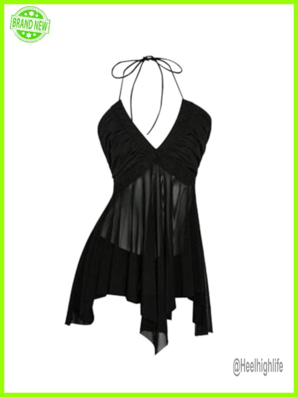 Y2K Mesh Halter Top Asymmetrical Ruffle Hem Sleeveless Tie Back